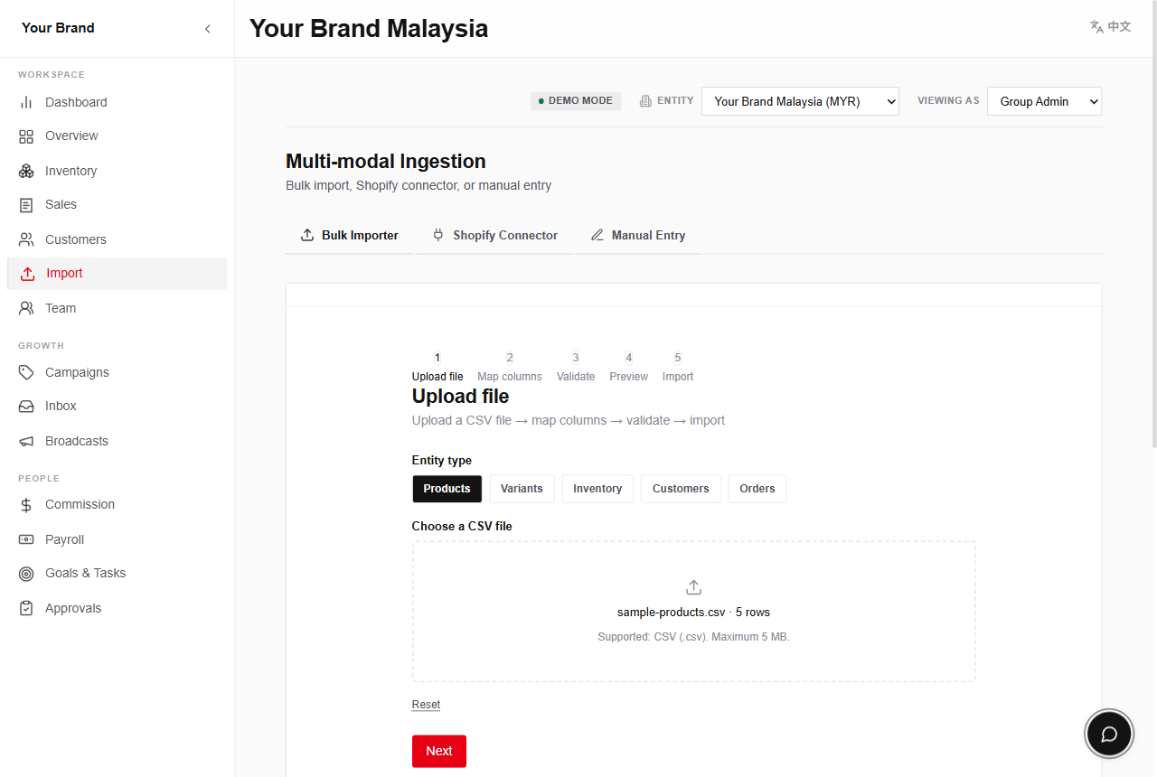 Bulk import wizard — upload, map, dry-run preview, commit — screen recording